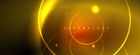 Bright neon circles and wave lines, glowing shiny background design template, digital techno concept.のイラスト素材