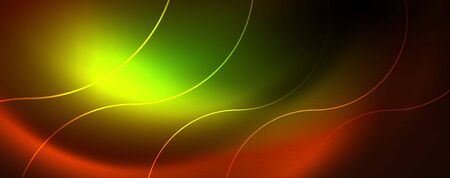 Bright neon circles and wave lines, glowing shiny background design template, digital techno concept. Luminous swirl trail, slow shutter speed effect.のイラスト素材