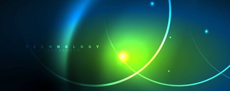 Trendy neon blue abstract design with waves and circles. Neon light glowing effect. Abstract digital background. Vectorのイラスト素材