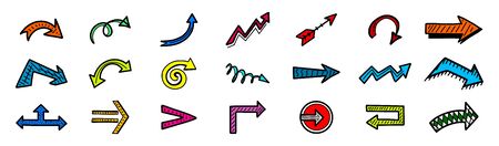 Set of hand drawn multicolored arrow icons, sketch direction, location, next, left right symbols and otherのイラスト素材