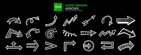 Set of hand drawn arrow icons, sketch direction, location, next, left right symbols and other. Vector illustrationのイラスト素材