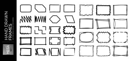 Hand drawn sketch doodle frames set, borders, square and rectangle shapes for text. Design elements collectionのイラスト素材