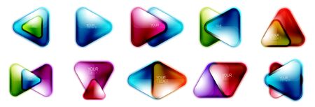 Set of glass triangle banners or  icons design with space for text or logotype presentation isolated on white. Futuristic buttons with bright neon colors, hi-tech digital conceptsのイラスト素材