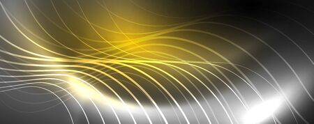 Shiny neon lights, dark abstract background with blurred magic neon light curved lines. Vectorのイラスト素材