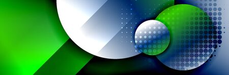 Dynamic trendy geometrical abstract background. Circles, round shapes 3d shadow effects and fluid gradients. Modern overlapping round formsのイラスト素材