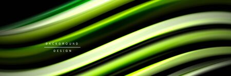 Silk and smooth flow wave poster design. Color waves, liquid style lines and shapes in black color backgroundのイラスト素材