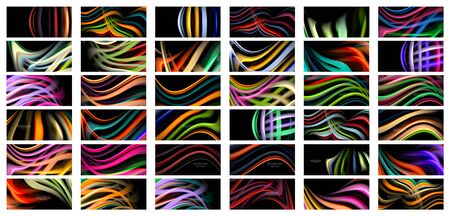 Mega collection of silk and smooth flow wave poster designs. Color waves, liquid style lines and shapes in black color backgroundsのイラスト素材