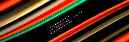 Silk and smooth flow wave poster design. Color waves, liquid style lines and shapes in black color backgroundのイラスト素材