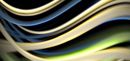Abstract silk smooth lines on black, multicolored liquid fluid rainbow style waves on black