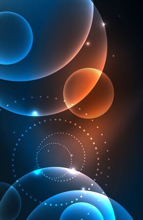 Neon shiny transparent glowing circles with light effects. Techno futuristic vector abstract background For Wallpaper, Banner, Background, Card, Book Illustration, landing pageのイラスト素材