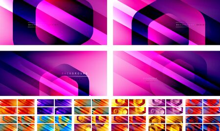 Set of hexagon geometric shapes and fluid gradients with 3d shadow and light straight lines, minimal abstract backgroundsのイラスト素材