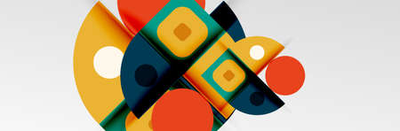 Bright color circles, abstract round shapes and triangles composition with shadow effects. Vector modern geometric design templateのイラスト素材