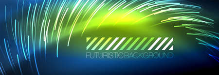 Neon glowing lines, magic energy and light motion background. Vector wallpaper templateのイラスト素材