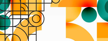 Circle and square geometric background. Round shapes with squares and triangles composition for...