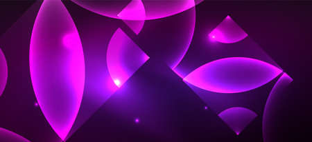 Shiny neon geometric abstract background. Glowing lights on round shapes, triangles and circles. Wallpaper for concept of AI technology, blockchain, communication, 5G, science, businessのイラスト素材