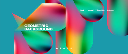 Glassmorphism landing page background template. Colorful glass shapes with metallic effect abstract...