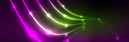 Shiny neon lights, dark abstract background with blurred magic neon light curved linesのイラスト素材