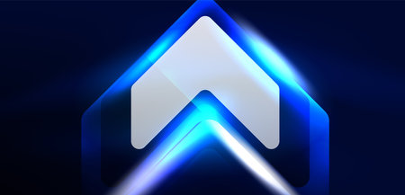 Blue neon speed arrow and line shapes background. Hi-tech concept with shiny backdrop. Bright flare...