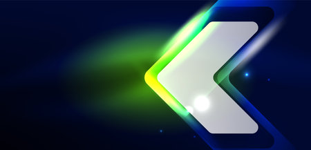 Neon speed arrow and line shapes background. Hi-tech concept with shiny backdrop. Bright flare light effect in the darkのイラスト素材