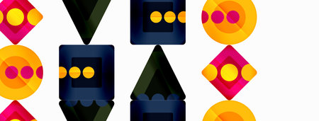 Trendy minimal geometric abstract background. Triangles, squares and circles bright colors backdrop....