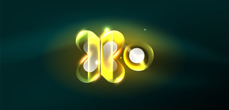 Neon glowing geometric shapes vector abstract background. Round elements, light effects and glass glossy style with color backdrop. Space cosmic or magic energy wallpaperのイラスト素材