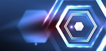 Abstract background techno neon hexagons. Hi-tech vector illustration for wallpaper, banner, background, landing page, wall art, invitation, prints, postersのイラスト素材