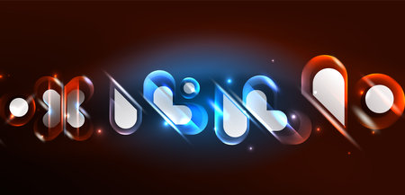 Neon glowing geometric shapes vector abstract background. Round elements, light effects and glass glossy style with color backdrop. Space cosmic or magic energy wallpaperのイラスト素材