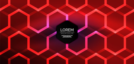 Hexagon abstract background. Techno glowing neon hexagon shapes vector illustration for wallpaper, banner, background, landing page, wall art, invitation, prints, postersのイラスト素材