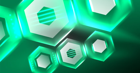 Neon hexagon background. Hi-tech design for wallpaper, banner, background, landing page, wall art, invitation, prints, postersのイラスト素材