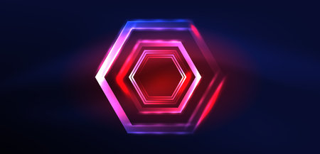 Hexagon abstract background. Techno glowing neon hexagon shapes vector illustration for wallpaper, banner, background, landing page, wall art, invitation, prints, postersのイラスト素材