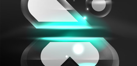 Neon glowing geometric shapes vector abstract background. Round elements, light effects and glass glossy style with color backdrop. Space cosmic or magic energy wallpaperのイラスト素材