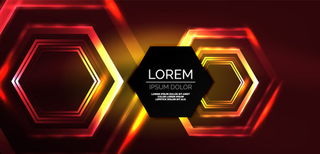 Abstract background techno neon hexagons. Hi-tech vector illustration for wallpaper, banner, background, landing page, wall art, invitation, prints, postersのイラスト素材