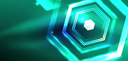 Hexagon abstract background. Techno glowing neon hexagon shapes vector illustration for wallpaper, banner, background, landing page, wall art, invitation, prints, postersのイラスト素材