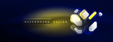 Glowing neon geometric elements abstract background. Neon light or laser show, electric impulse, power lines, techno quantum energy impulse, magic glowing dynamic linesのイラスト素材