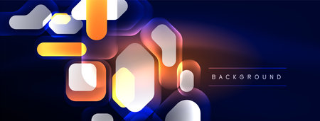 Glowing neon geometric elements abstract background. Neon light or laser show, electric impulse, power lines, techno quantum energy impulse, magic glowing dynamic linesのイラスト素材