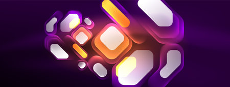 Neon lines, squares and round shapes abstract background. Techno glowing neon hexagon shapes vector illustration for wallpaper, banner, background, landing page, wall art, invitation, prints, postersのイラスト素材