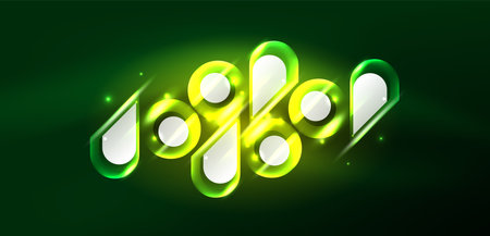 Neon glowing geometric shapes vector abstract background. Round elements, light effects and glass glossy style with color backdrop. Space cosmic or magic energy wallpaperのイラスト素材