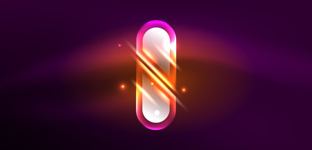 Neon glowing geometric shapes vector abstract background. Round elements, light effects and glass glossy style with color backdrop. Space cosmic or magic energy wallpaperのイラスト素材