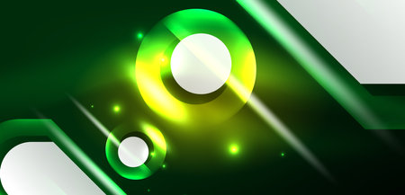 Neon glowing geometric shapes vector abstract background. Round elements, light effects and glass glossy style with color backdrop. Space cosmic or magic energy wallpaperのイラスト素材