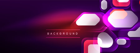 Neon lines, squares and round shapes abstract background. Techno glowing neon hexagon shapes vector illustration for wallpaper, banner, background, landing page, wall art, invitation, prints, postersのイラスト素材