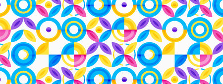 Abstract background - minimalist circles and round elements composition with varying sizes circles and other geometric shapes. The elements are arranged symmetrically in a grid-like patternのイラスト素材