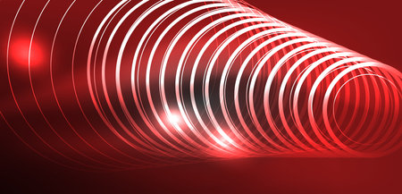 Neon laser lines, circles waves abstract background. Neon light or laser show, electric impulse, power lines, techno quantum energy impulse, magic glowing dynamic linesのイラスト素材