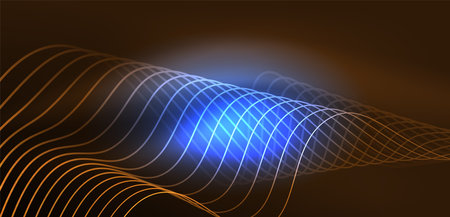 Shiny glowing neon wave. Neon light or laser show, electric impulse, power lines, techno quantum energy impulse, magic glowing dynamic linesのイラスト素材
