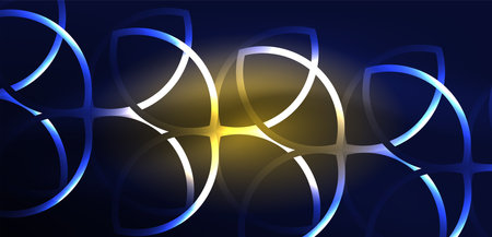 Neon laser lines, circles waves abstract background. Neon light or laser show, electric impulse, power lines, techno quantum energy impulse, magic glowing dynamic linesのイラスト素材