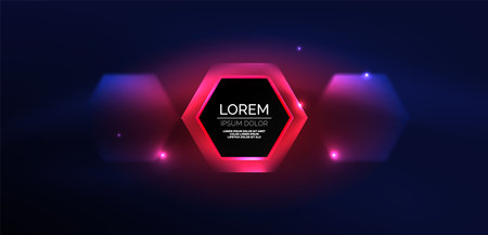 Hexagon abstract background. Techno glowing neon hexagon shapes vector illustration for wallpaper, banner, background, landing page, wall art, invitation, prints, postersのイラスト素材