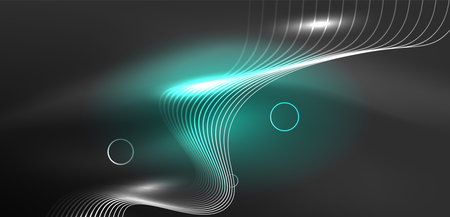 Neon lines and waves abstract background. Techno glowing neon shapes vector illustration for wallpaper, banner, background, landing page, wall art, invitation, prints, postersのイラスト素材