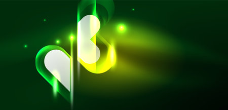 Neon glowing geometric shapes vector abstract background. Round elements, light effects and glass glossy style with color backdrop. Space cosmic or magic energy wallpaperのイラスト素材