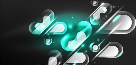 Neon glowing geometric shapes vector abstract background. Round elements, light effects and glass glossy style with color backdrop. Space cosmic or magic energy wallpaperのイラスト素材
