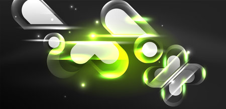 Neon glowing geometric shapes vector abstract background. Round elements, light effects and glass glossy style with color backdrop. Space cosmic or magic energy wallpaperのイラスト素材