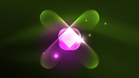 Abstract background landing page, geometric shape illuminated with glowing neon light on dark background. Futuristic city lights conceptのイラスト素材